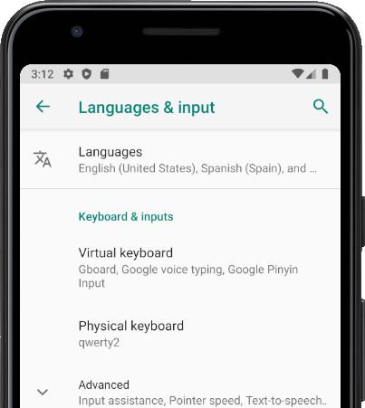 Languages menu Android