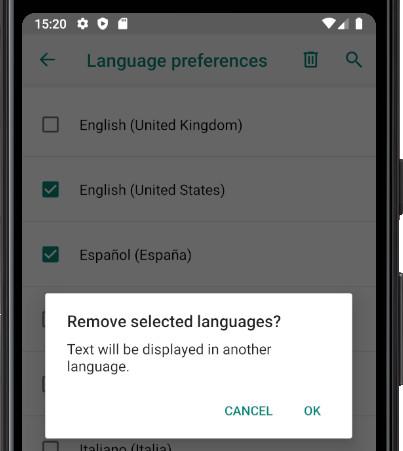 Confirm deletion of languages Samsung