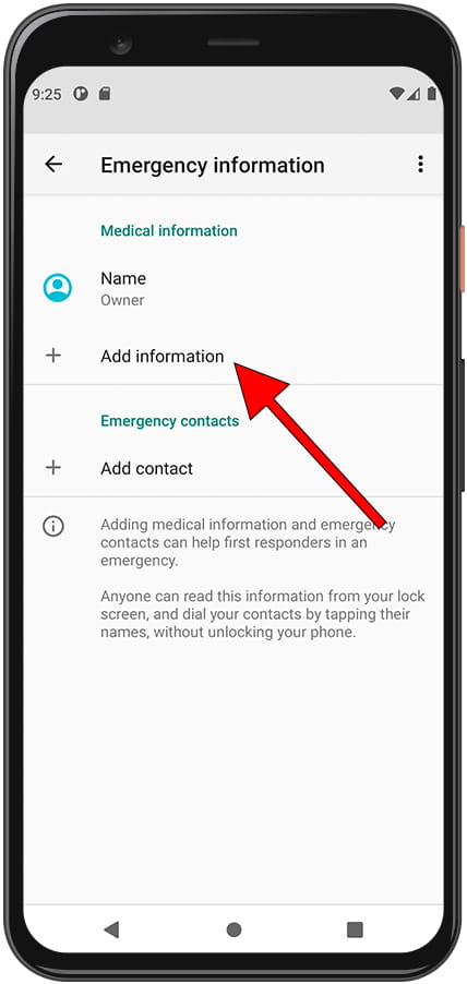Add emergency information Android